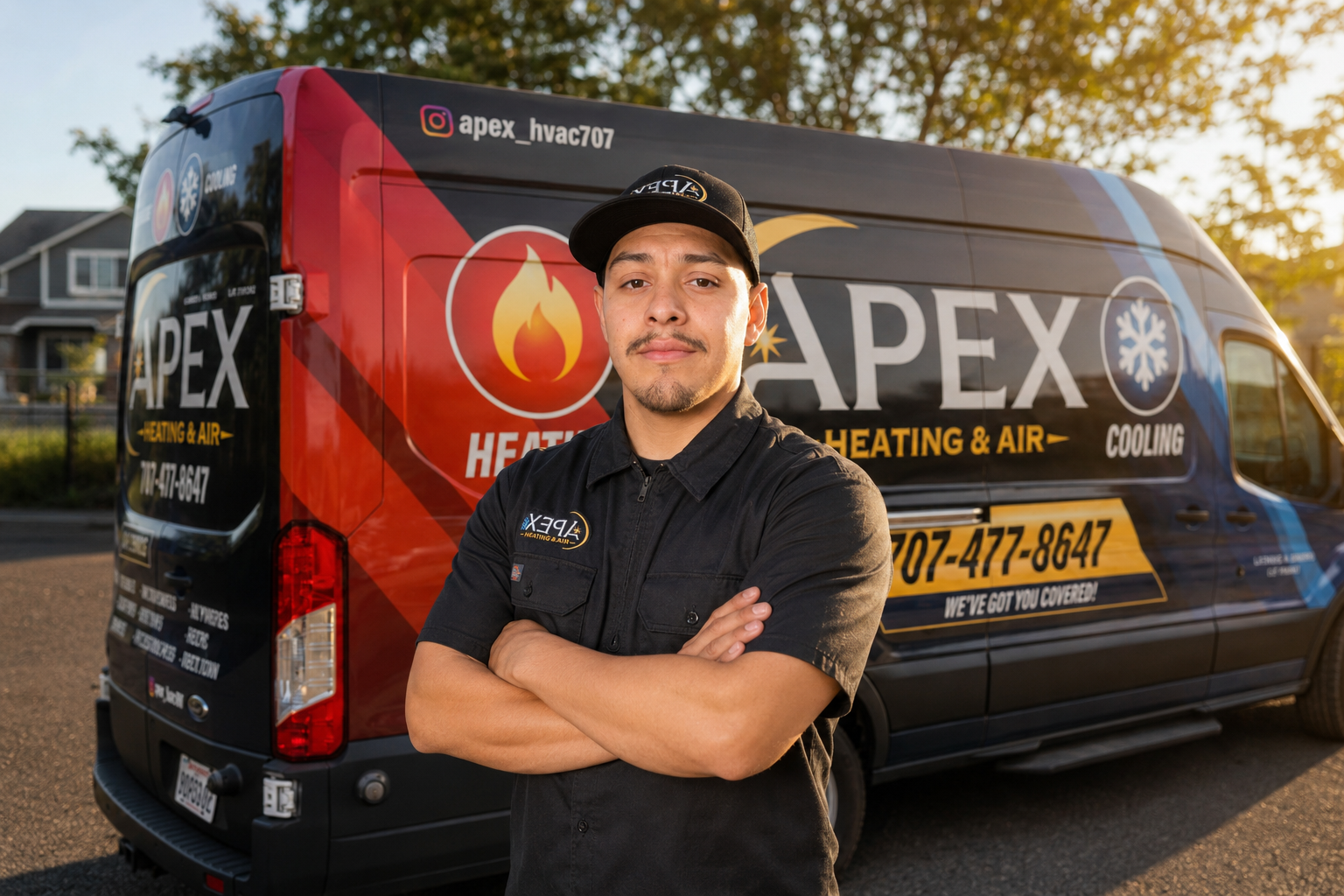 Adrian Hermosillo, owner of Apex Heating and Air, in front of an Apex service van